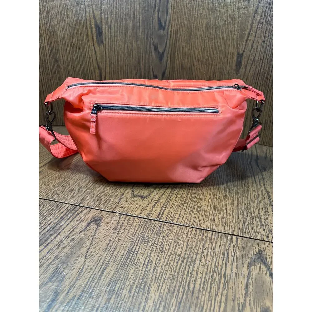 Lug Quilted Orange Crossbody Bag Zipper Accents Inner Pockets Shoulder Strap